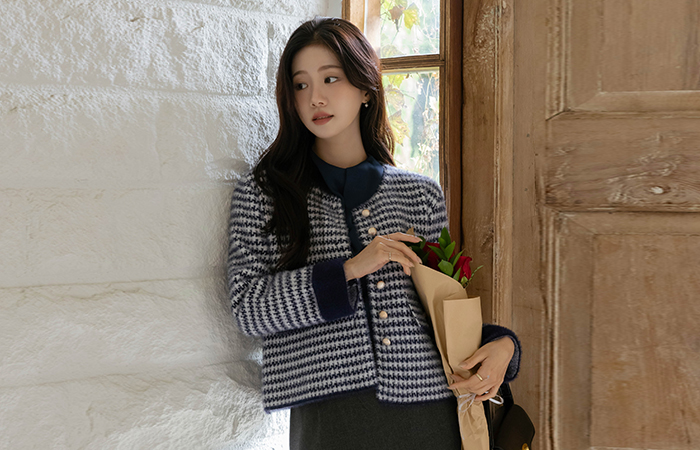 ハウンド チェック 袖 配色 ぽかぽかした カーディガン