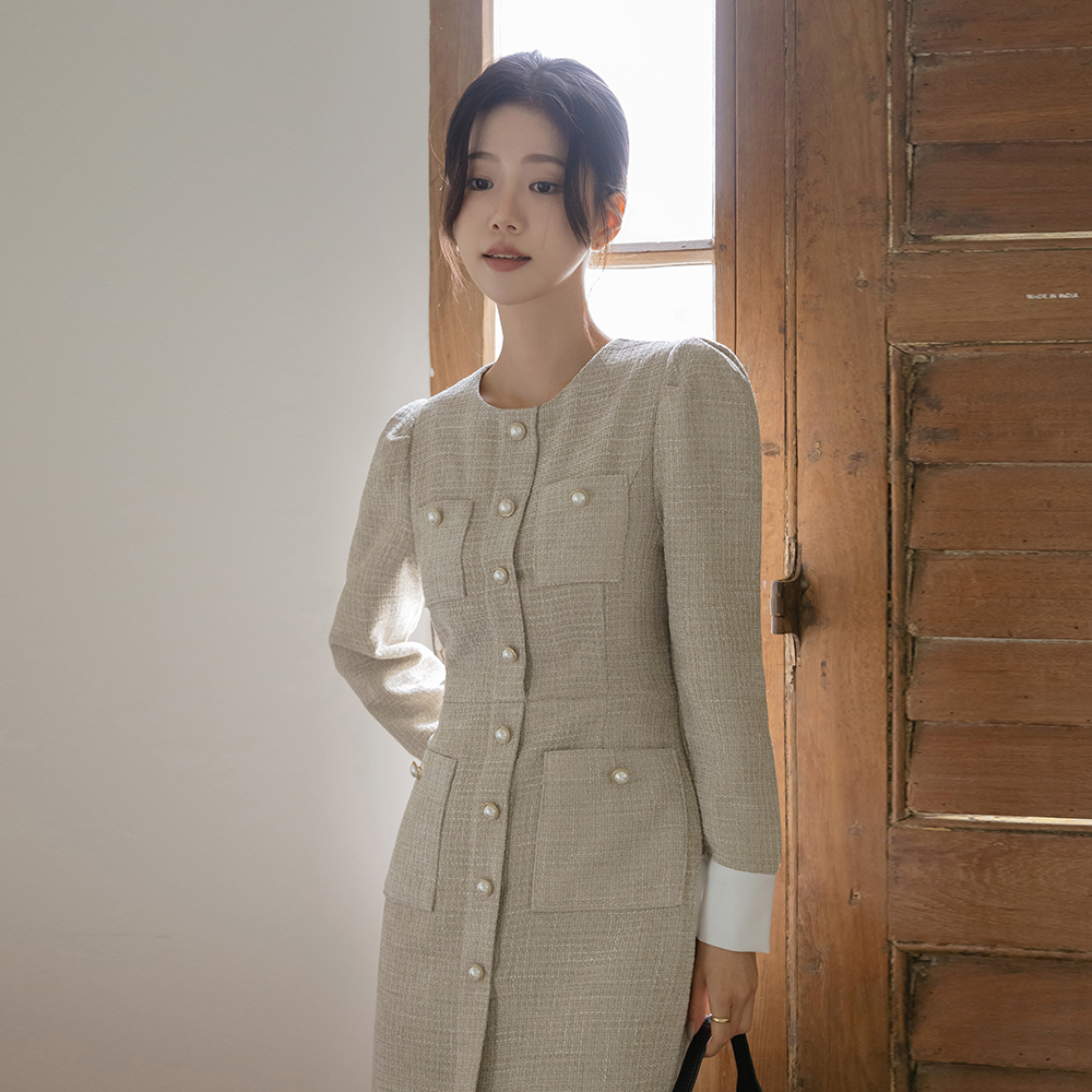 袖 配色 真珠 ボタン ツイード ロング ワンピース