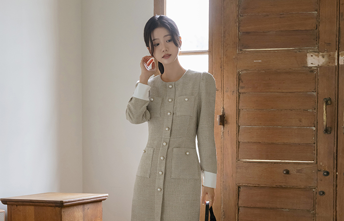 袖 配色 真珠 ボタン ツイード ロング ワンピース