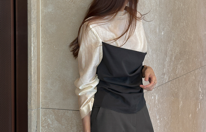 配色 アンバランス シャーリング ブラウス