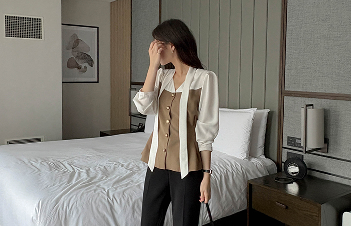 配色 ペプラム ブラウス(+タイ)