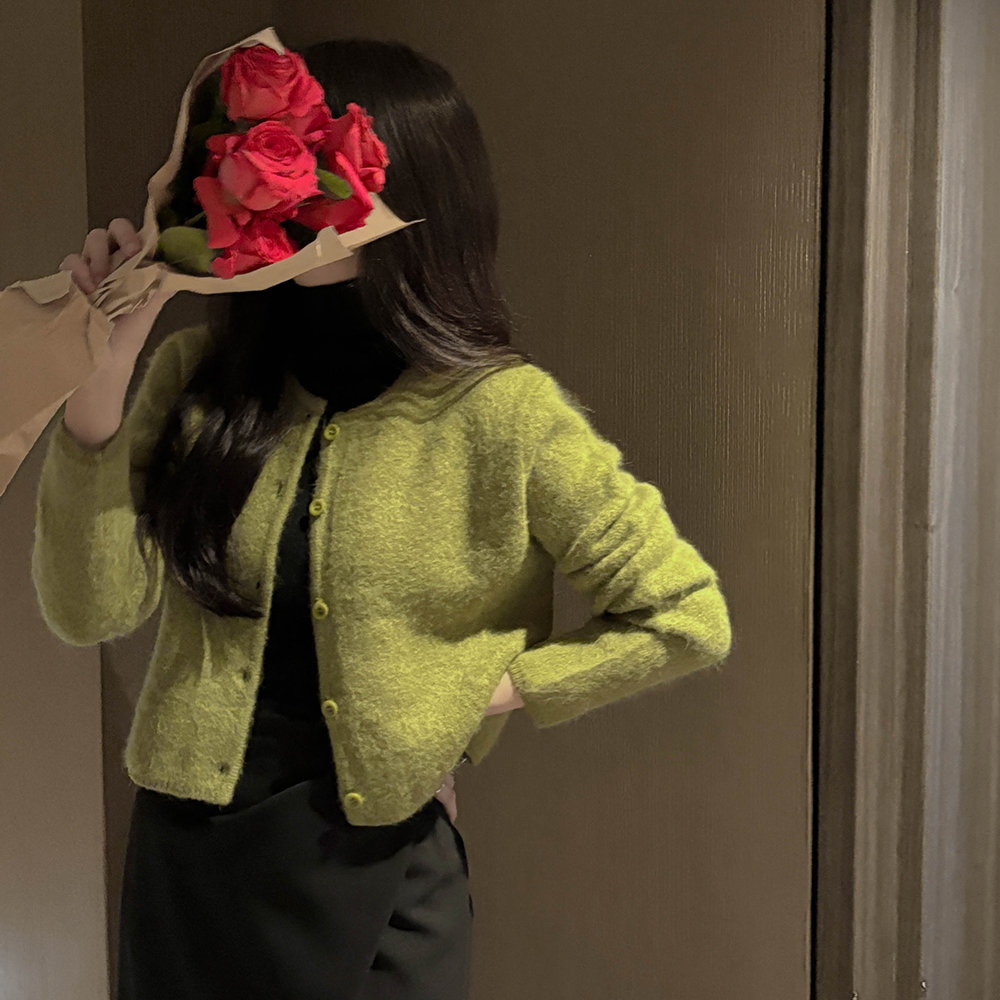 アンゴラ ふわふわ カラー ラウンドネック カーディガン