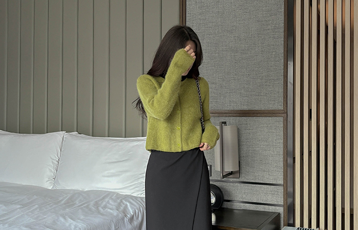 アンゴラ ふわふわ カラー ラウンドネック カーディガン