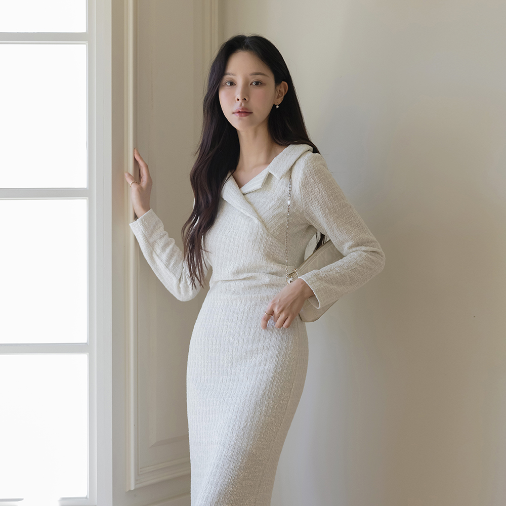 シャーリング ラップスタイル ウール 弾力 ツイード ワンピース