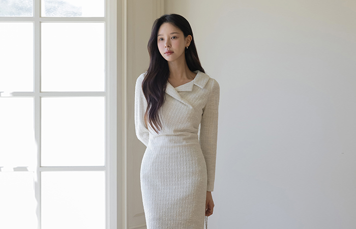 シャーリング ラップスタイル ウール 弾力 ツイード ワンピース