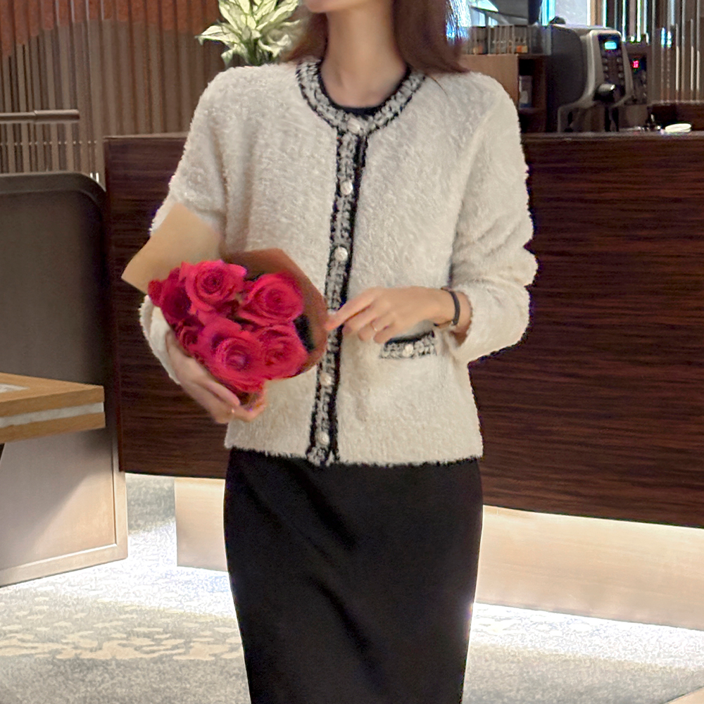 グリッター 配色 ライン タッセル カーディガン