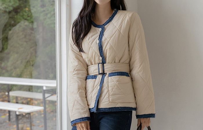 ラウンドネック デニム 配色 キルティング バディング(+ベルト)