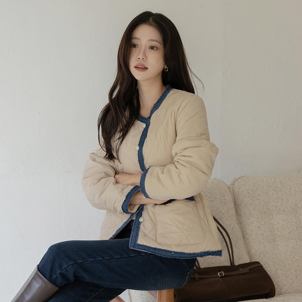 ラウンドネック デニム 配色 キルティング バディング(+ベルト)