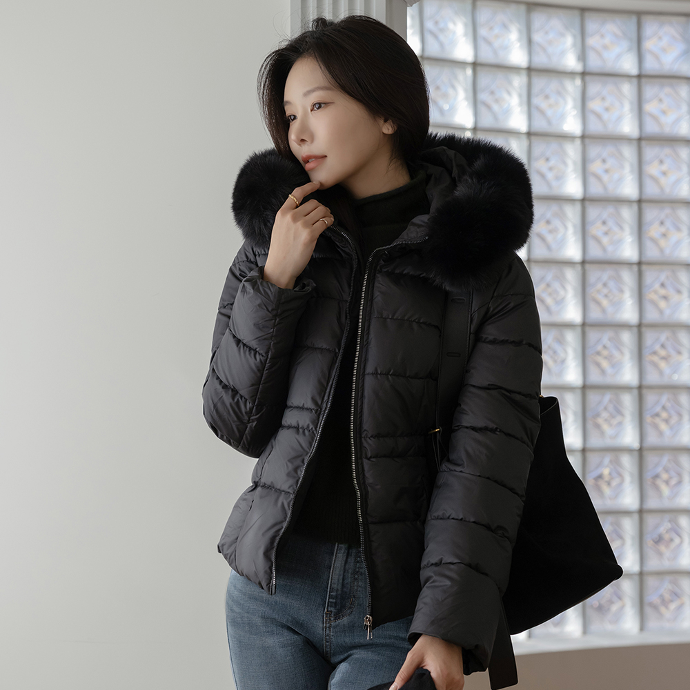 空気 フード　 ファー 人造ダウン ショートダウンコート