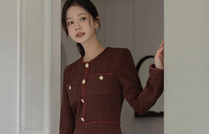 フェミニン 配色 ツイード Aライン ワンピース