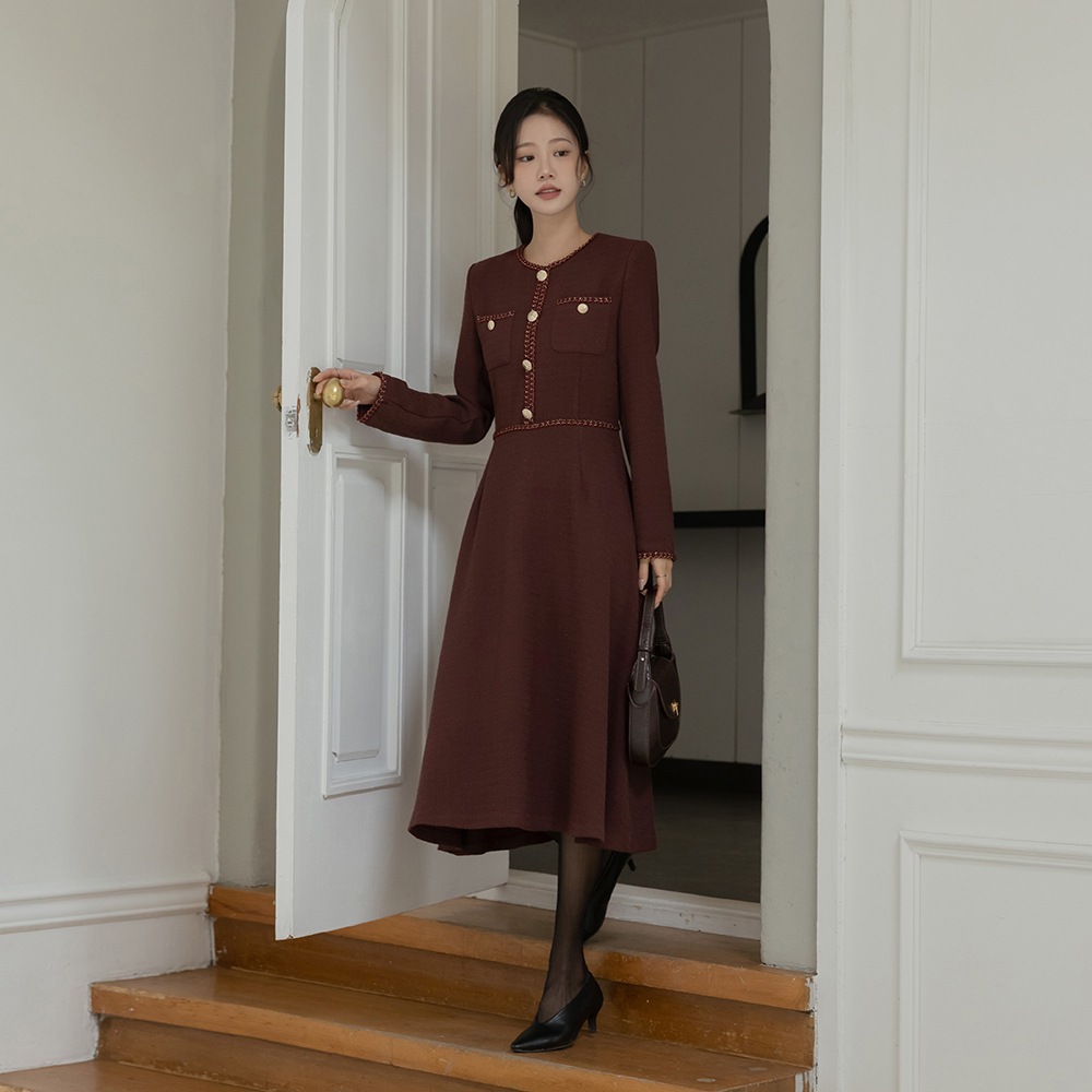 フェミニン 配色 ツイード Aライン ワンピース