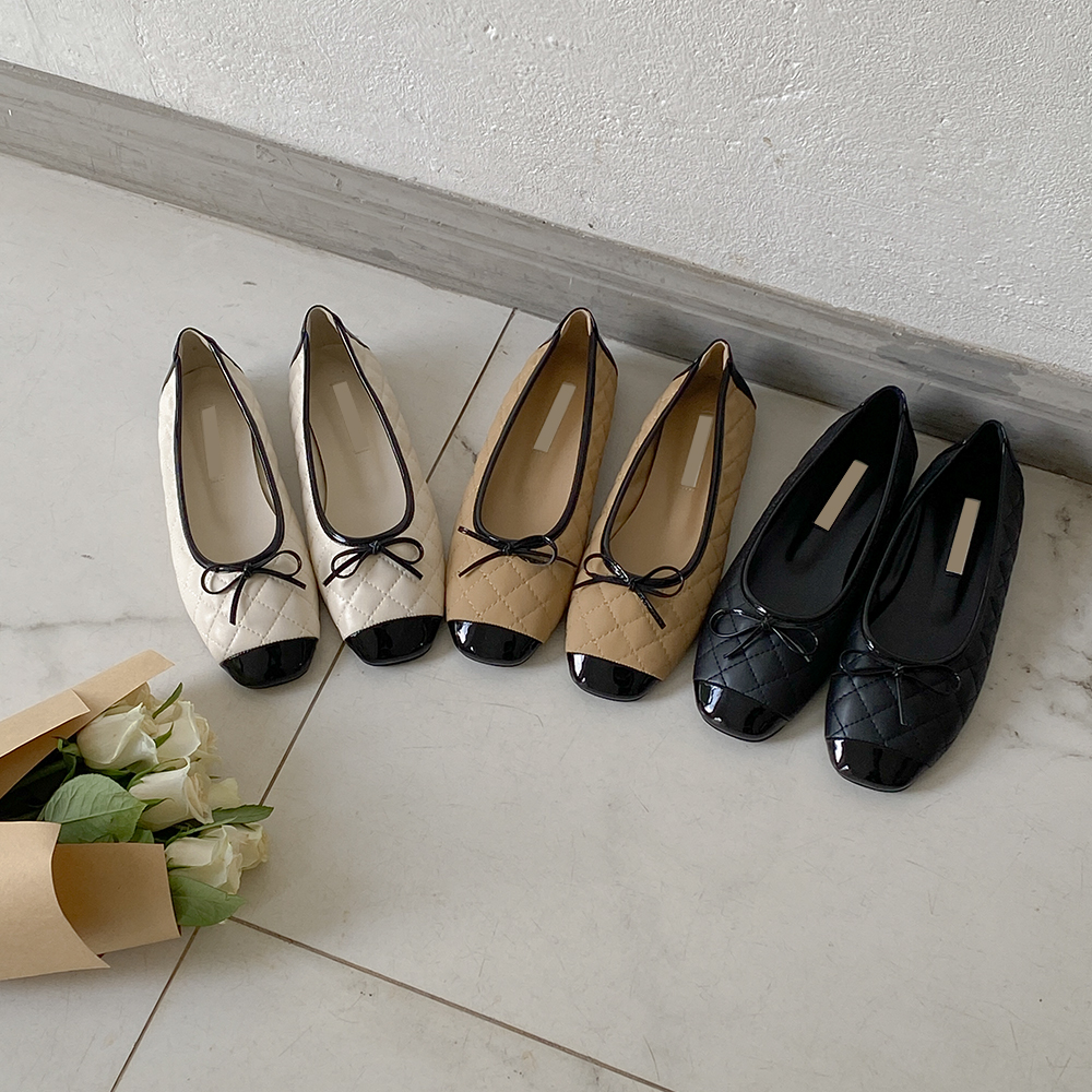 リボン ダイヤモンド キルティング 配色 フラットシューズ