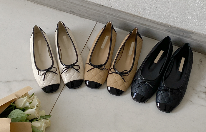 リボン ダイヤモンド キルティング 配色 フラットシューズ