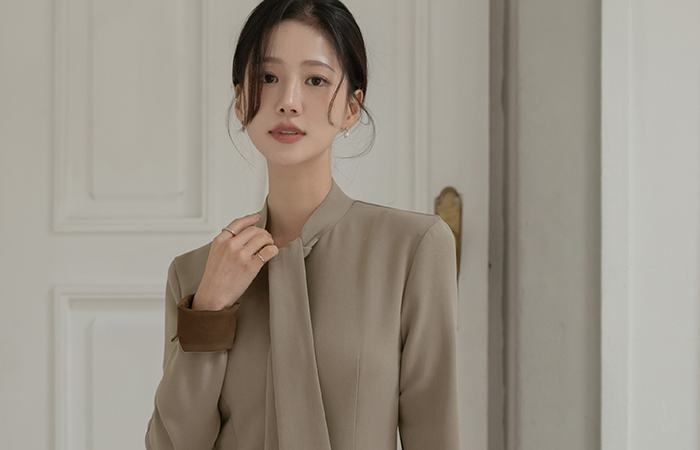 タイネック 袖 配色 スリム Hライン ワンピース