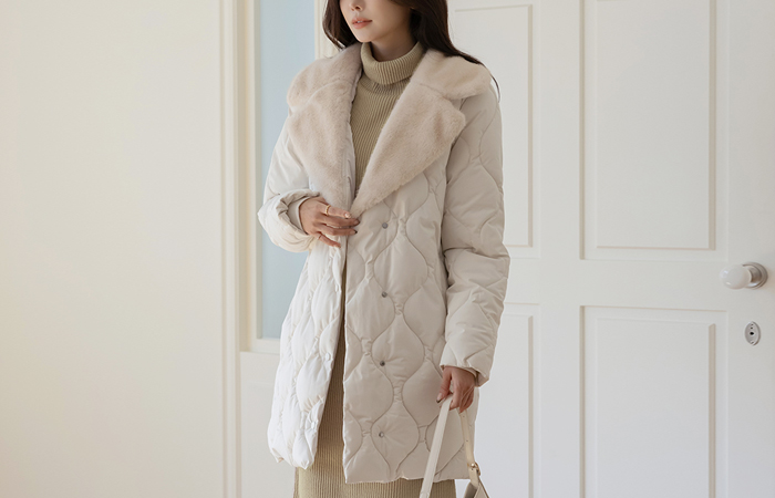 ファー カラーネック 人造ダウン キルティング ハーフ バディング(+ベルト)