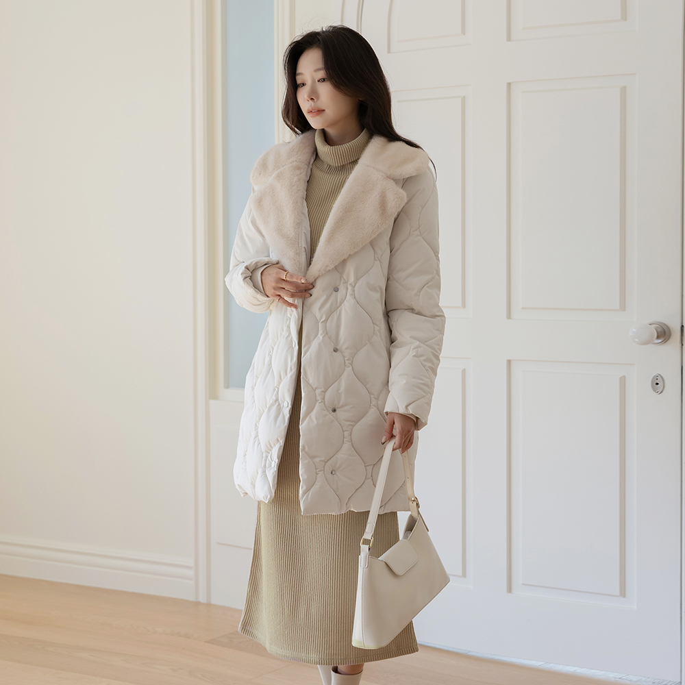 ファー カラーネック 人造ダウン キルティング ハーフ バディング(+ベルト)