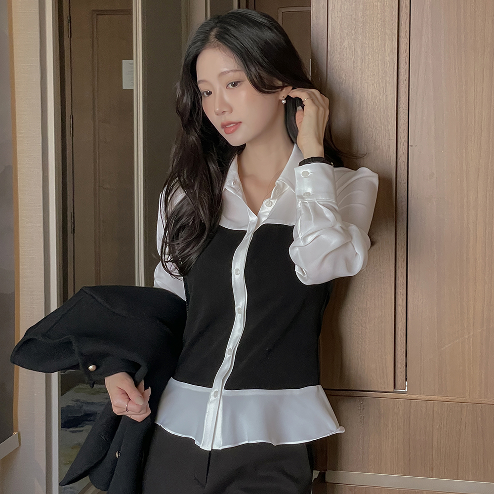 カラーネック 配色 ウエーブ ブラウス