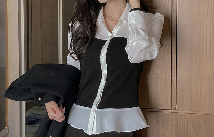 カラーネック 配色 ウエーブ ブラウス