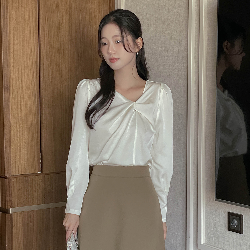 ロマンチック 縒りネック 長袖 ブラウス