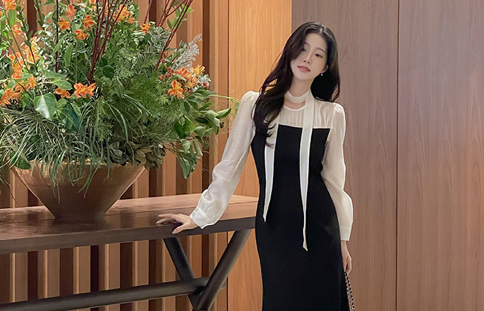 レイヤード 配色 ワンピース(+タイ)(2type)