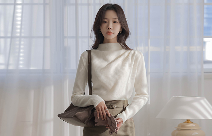 分厚い ハーフネック シャーリング Peach コール天 ニット