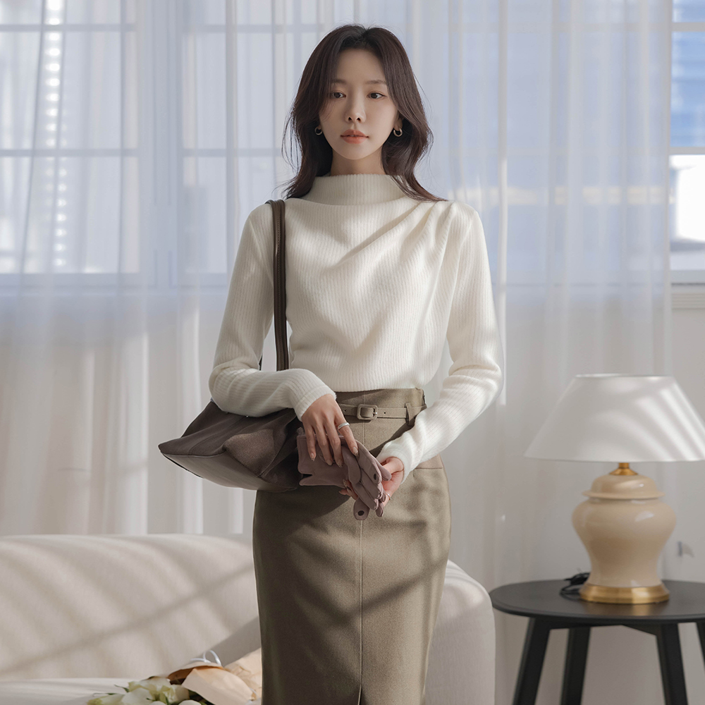 分厚い ハーフネック シャーリング Peach コール天 ニット