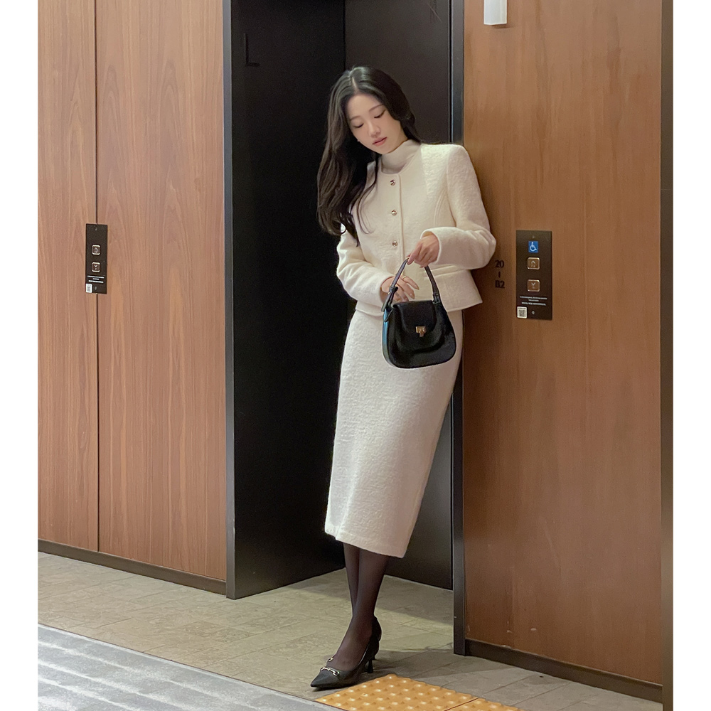 ウール100% ブークレ ツイード Hライン ロング Set-up スカート