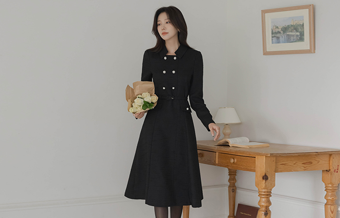 フェミニン 真珠 Aライン ツイード ワンピース(+ベルト)