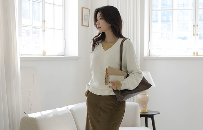 Vネック ラグラン 스탠다드핏 ウール ニット