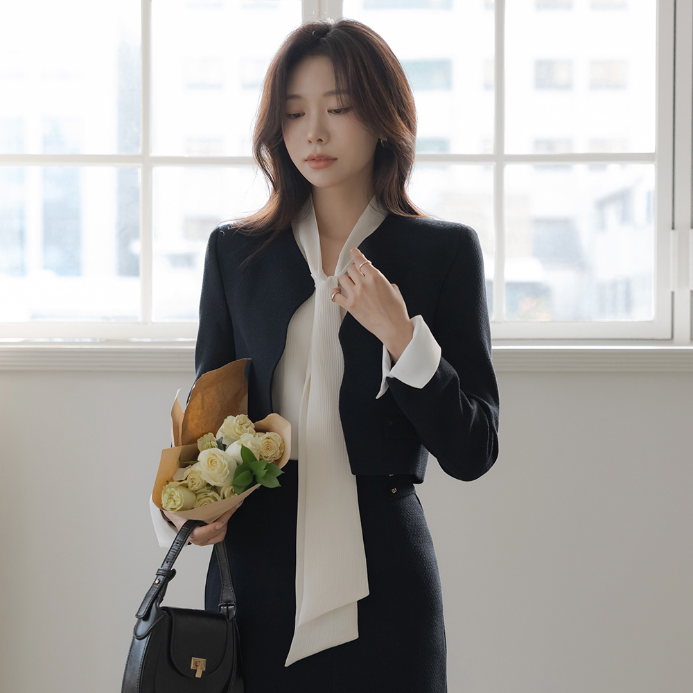 Eli パール 袖 配色 물결 ツイード Set-up ジャケット