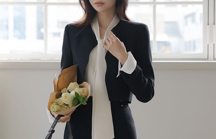 Eli パール 袖 配色 물결 ツイード Set-up ジャケット