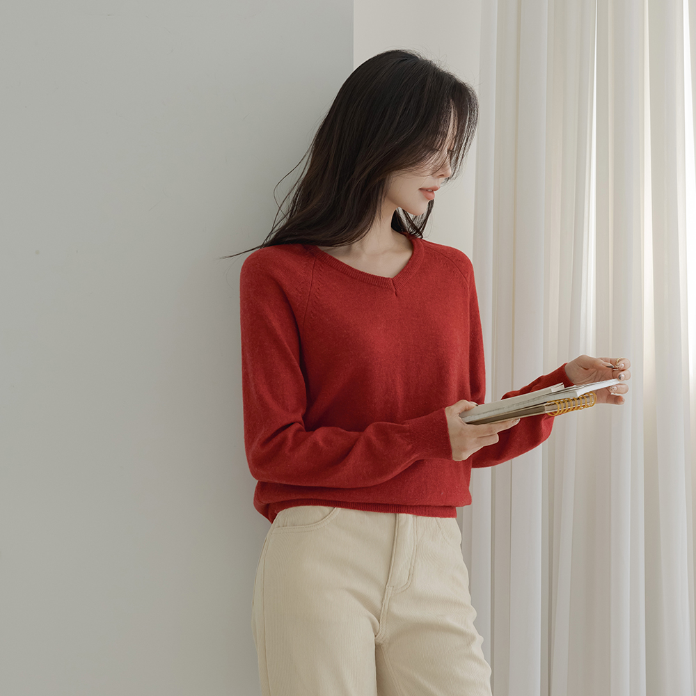 ブイネック ソリッド ラムウール ラグラン ニット