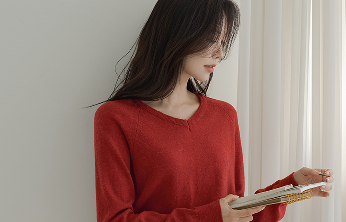 ブイネック ソリッド ラムウール ラグラン ニット