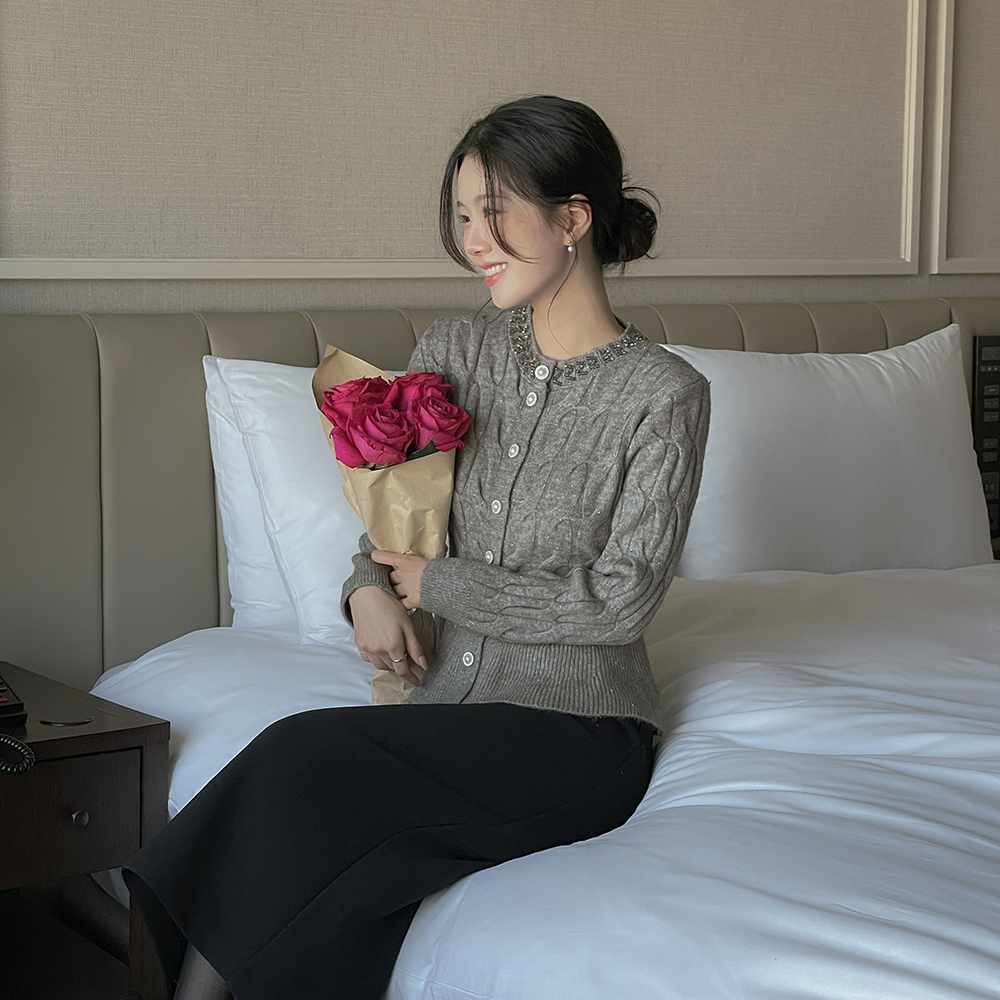 トゥインクル ビーズ ウール ペプラム ねじる カーディガン