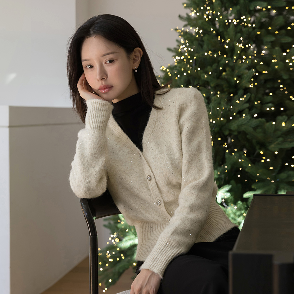 スパングル 花柄 ボタン ウール ニット カーディガン