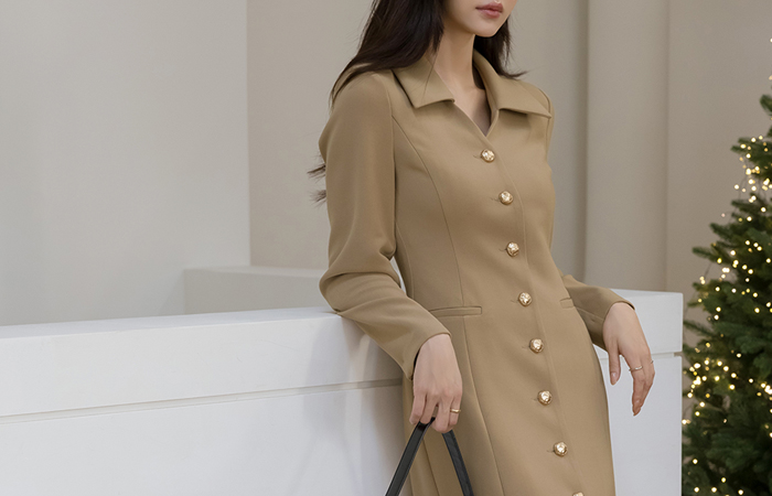 カラー 切開ネック ゴールド ボタン Hライン ワンピース