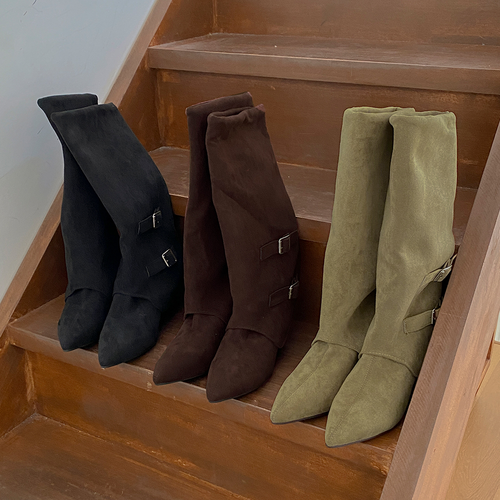 スエード バックル ポイント ミドル ブーツ