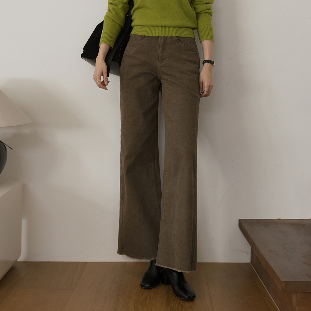 裾上 カッティング ワイドフィット 起毛 弾力 パンツ