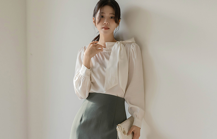 サイド リボン·ネックライン ブラウス