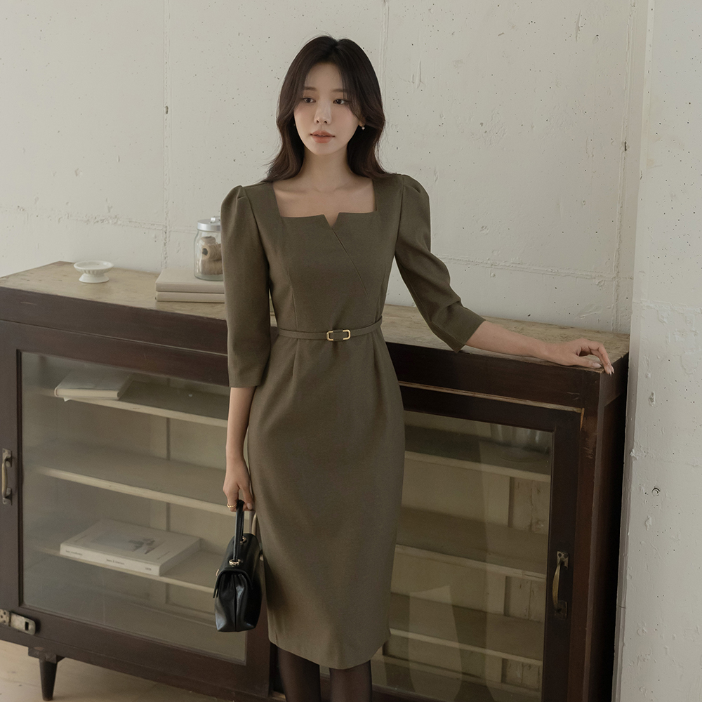 スクエア 切開ネック クロップド Hライン ワンピース(+ベルト)