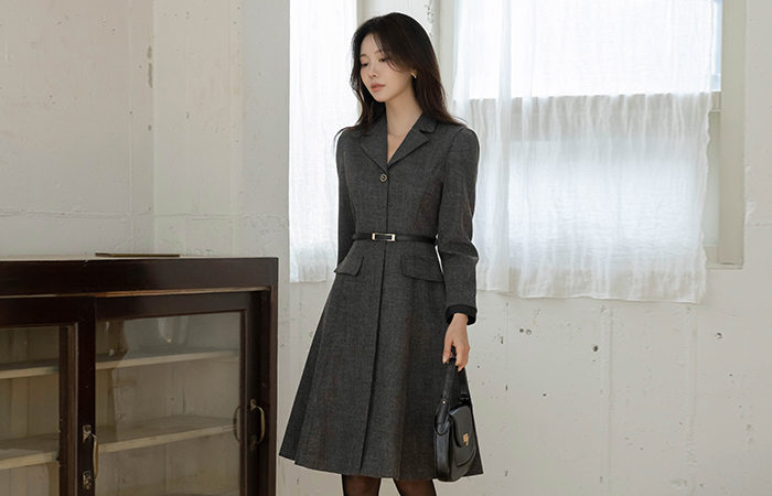 クラシック 袖 配色 Aライン ワンピース(+ベルト)