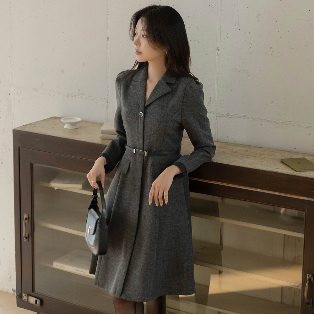 クラシック 袖 配色 Aライン ワンピース(+ベルト)