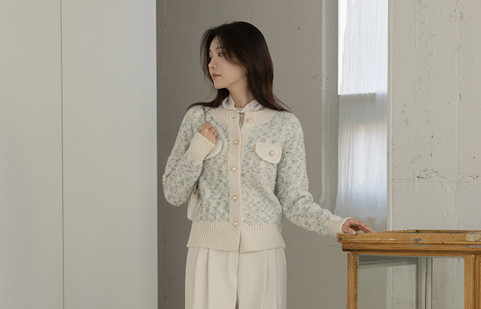 配色 ラウンドネック ミックス ブークレ カーディガン