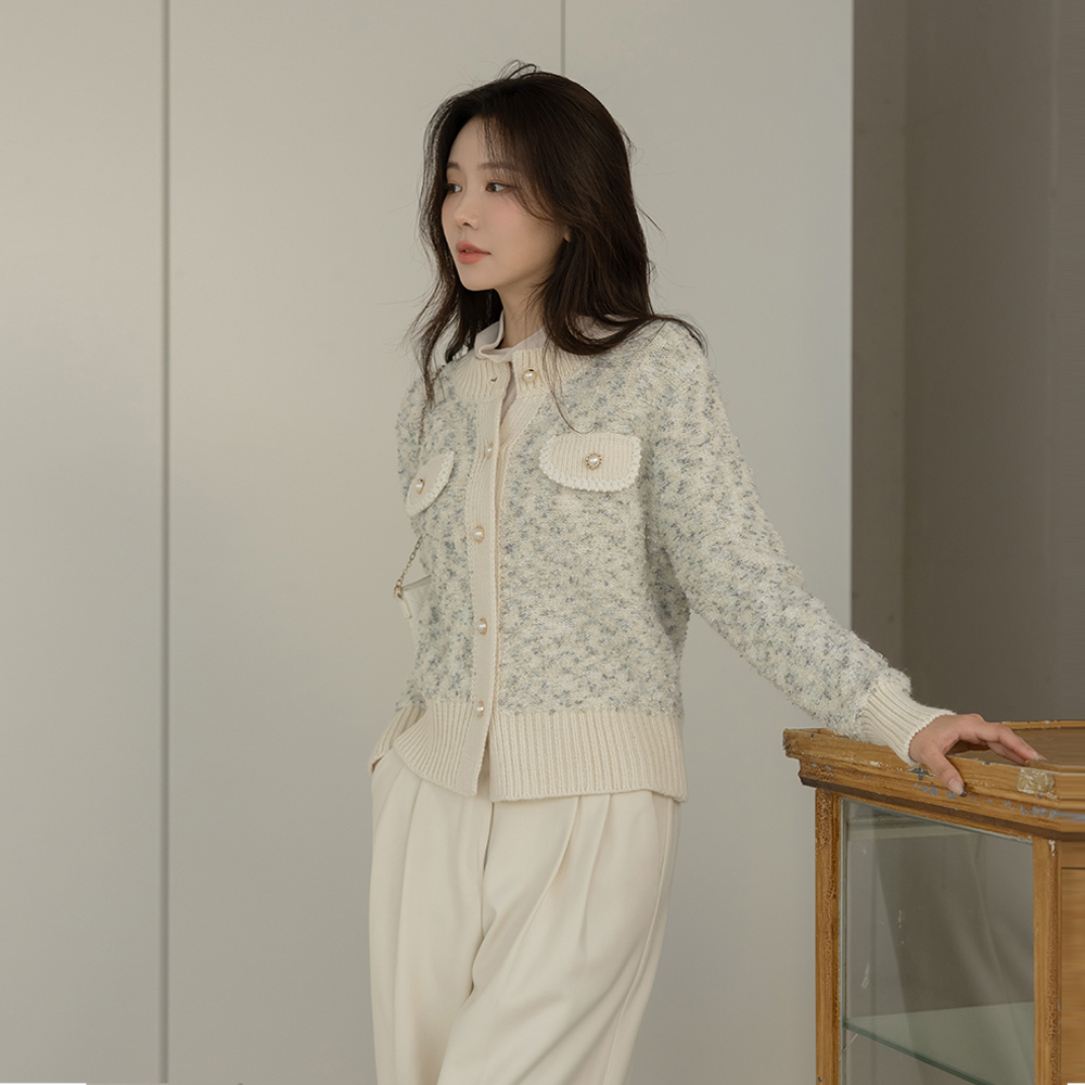 配色 ラウンドネック ミックス ブークレ カーディガン