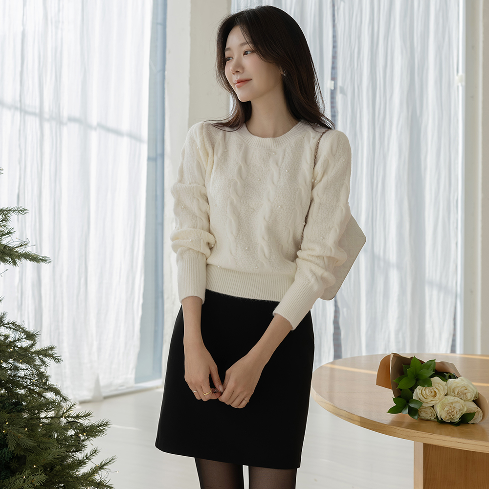 ラウンドネック 分厚い 真珠 ねじる ニット