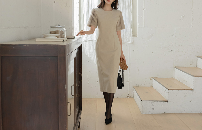 袖 ファー 配色 Hライン ウール 起毛 ワンピース