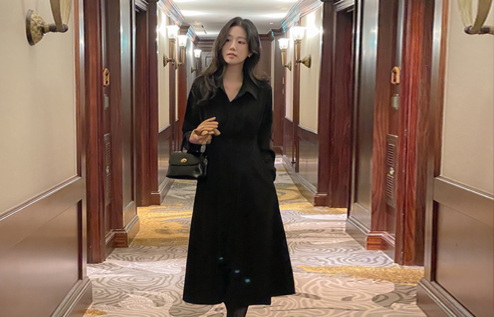 ぽかぽかした ピンタック ベルト Aライン シャツ ワンピース