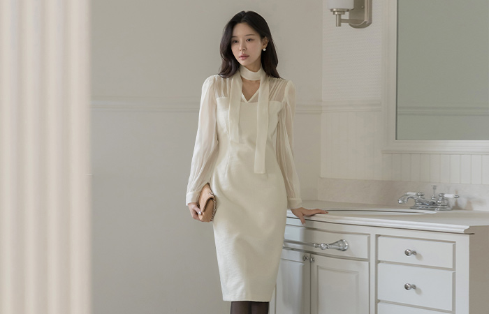 レイヤード 配色 Hライン ウール ツイード ワンピース(+タイ)