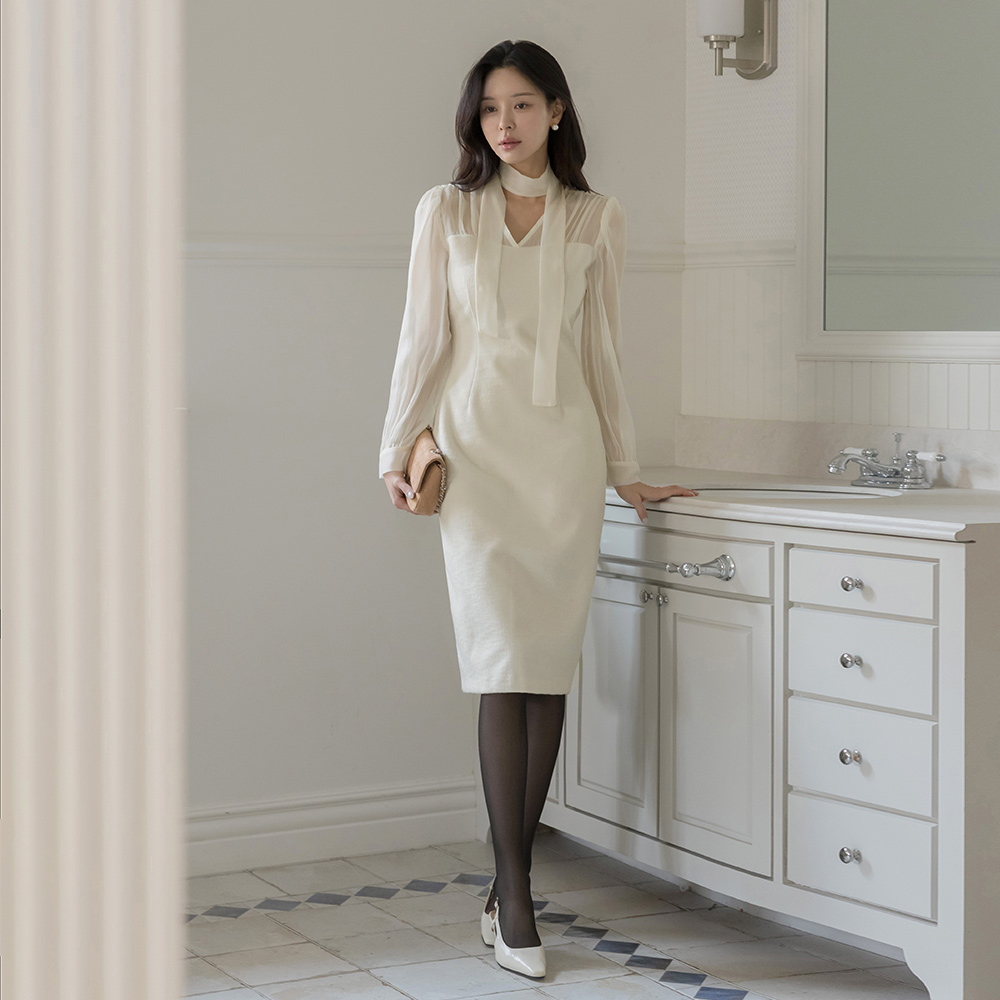 レイヤード 配色 Hライン ウール ツイード ワンピース(+タイ)