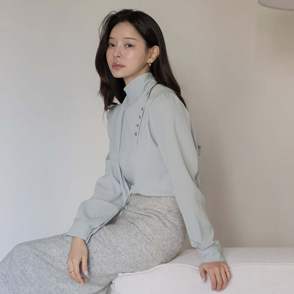 スカーフネック アンバランス ボタン ブラウス